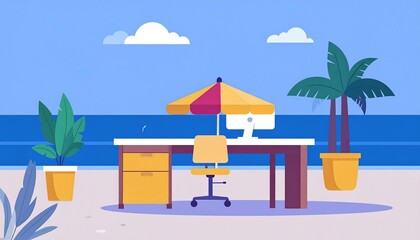 Desk & computer on a beach under an umbrella, with potted plants, against a blue sea and sky background