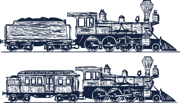 Vintage Steam Train and Coal Car with Passenger Carriage Illustration steam engine locomotive