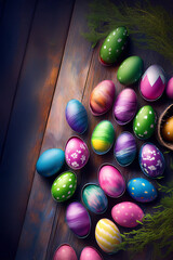 Painted multi coloured easter eggs in wooden background.