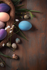 Painted multi coloured easter eggs on a grass nest with natural rustic wood background. Blue, cream, purple, and pink hand painted designs.