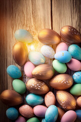 Handmade painted multi coloured easter eggs on a wooden background with sunlight.