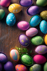 Handmade painted multi coloured easter eggs in wooden background with foliage.