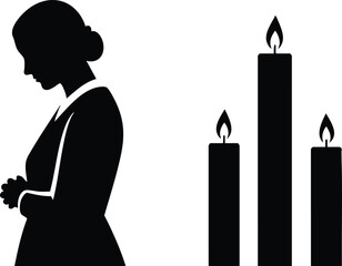 Silhouette minimalist vector of praying woman in profile with folded hands next to three burning candles tall and short religious contemplative scene black and white serene