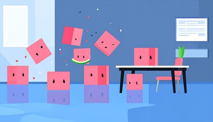 Cubist watermelons arranged in a colorful office space; playful, modern, and geometrically appealing