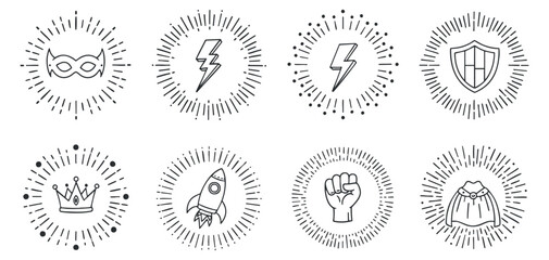 A set of superhero-themed icons including a mask, lightning bolts, a rocket, and a crown in outline vector style, perfect for creative projects and branding