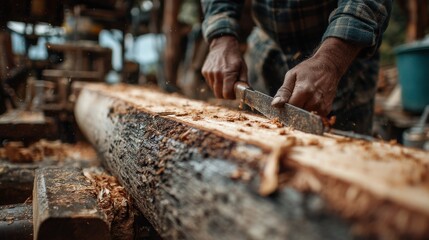 Medium shot of a worker manually stripping bark from a freshly cut log at a rustic sawmill showcasing skilled hand tools and natural textures.