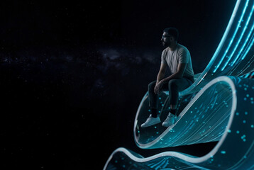 Man sitting calmly on 3D digital waves