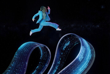 Woman jumps over glowing 3D data stream