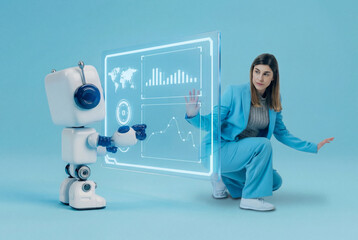 Woman and robot interacting via 3D interface