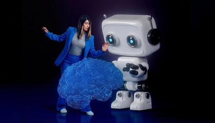 Woman and robot explore 3D AI brain