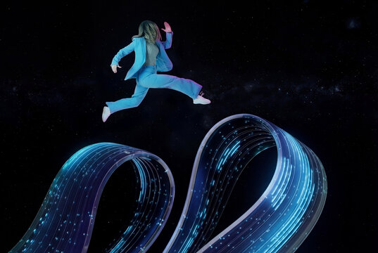Woman jumps over glowing 3D data stream