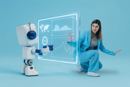 Woman and robot interacting via 3D interface