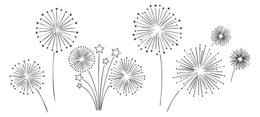 A collection of fireworks and star bursts in black and white outline vector style, suitable for celebration and festive designs