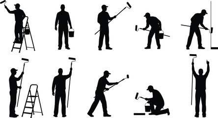Professional house painter silhouettes with roller brush ladder bucket set isolated on white background for renovation and decorating concepts projects © Shahariar's World