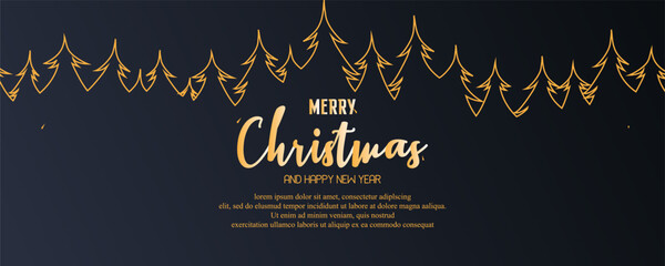 Merry christmas and happy new year banner. Dark horizontal template creative design with luxury golden line christmas tree, snowflake decoration, stars. Suit for poster, flyer, cover, banner, brochure