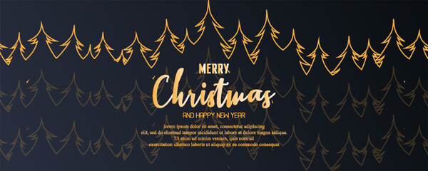 Merry christmas and happy new year banner. Dark horizontal template creative design with luxury golden line christmas tree, snowflake decoration, stars. Suit for poster, flyer, cover, banner, brochure