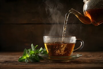 Pouring hot tea into a clear glass teacup
