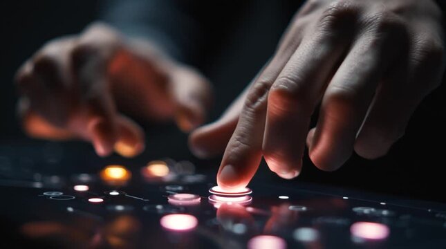 Close-up of hands interacting with product buttons enhanced by subtle glow effects, creating a sleek tech-ad aesthetic that highlights usability, precision and modern digital design.
