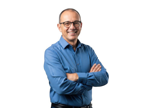 Smiling middle aged man with glasses wearing a blue collared shirt with arms crossed isolated on transparent background