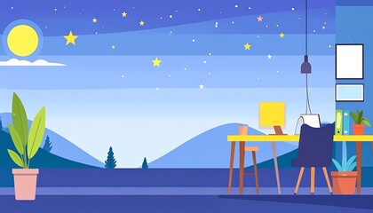 Desk in a room overlooking a nighttime mountain landscape under a starry sky with a bright moon, rendered in vector