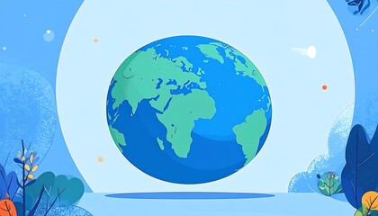 Earth-like planet floating over abstract plants. Light blue background with simple cosmic bodies (star, comet)