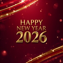 Happy New Year 2026 Luxury Red Background with Gold Typography. 