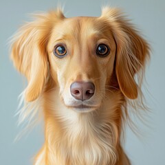 Fototapeta premium Cute golden dog with long fur and large eyes looking directly at the camera in a soft light setting