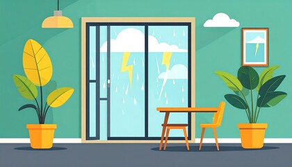 Cozy indoor scene with view through window to storm, chair, table, plants, picture, lamp in calm, muted colors