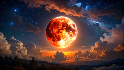 Dramatic Blood Moon Rising Above the Clouds in the Night Sky.
