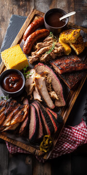 Barbecue meat platter with brisket ribs sausage and cornbread on wooden board view