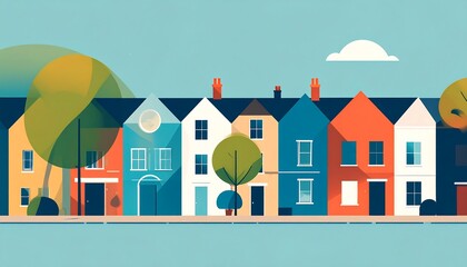Colorful row houses with simple shapes and trees in a bright and flat style against a light blue background