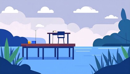 Dockside workspace Minimalist desk on a pier by water, under a cloudy sky, surrounded by stylized plants, serene vibe