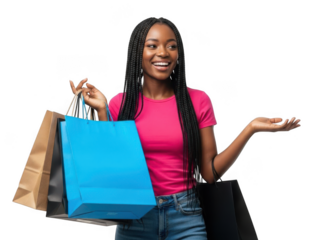 A happy young woman with long dark hair holds shopping bags isolated on transparent background