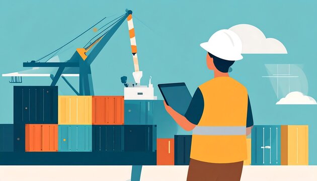 Dockworker stands facing intermodal containers with cranes and clouds on a sunny blue day in this flat design style - Powered by Adobe