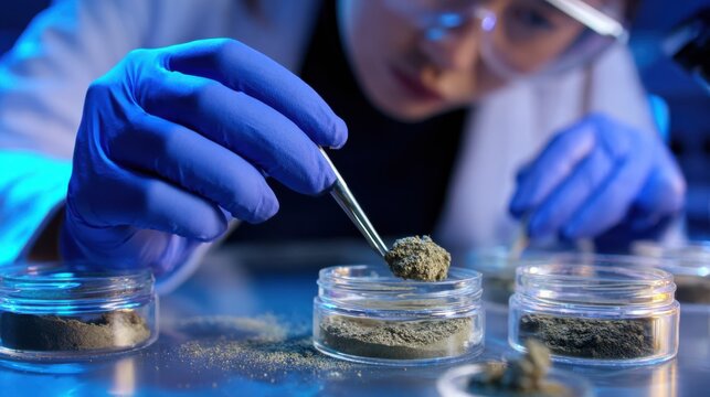 Medium shot of a technician carefully isolating platinum group metals from raw ore in a hightech laboratory environment.