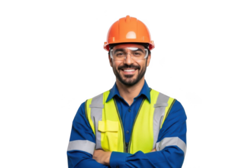 Smiling construction worker wearing orange hard hat and yellow safety vest isolated on transparent background