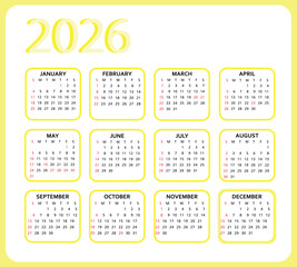 Year 2026 yellow and white calendar template vector illustration. week starts sunday.