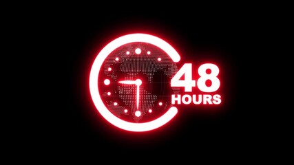 48 hours customer service concept. Nonstop service 48 hours, Worldwide nonstop and full-time available contact of service. Earth planet with glowing clock icon animation on black background. 4K video - Powered by Adobe