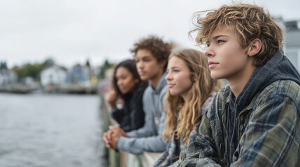 Group portrait of mixed-ability teenagers by a waterfront, captured with calm, reflective expressions in soft coastal light. Teenagers, boys, girls, different ethnicities, friends looking at river.