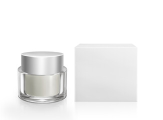 A cosmetic bottle with a lid and a white cardboard box on a white background.