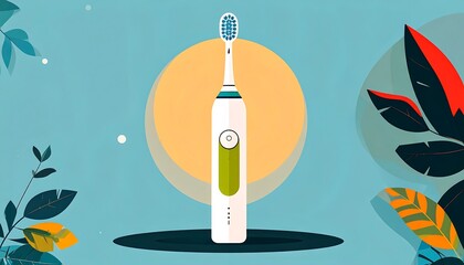Electric toothbrush illustration with leaves against a yellow circle on a blue background in a minimalist style