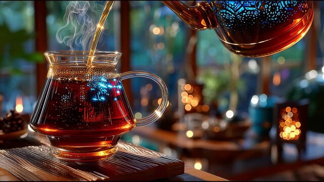 Tea Pouring into Glass Teapot.