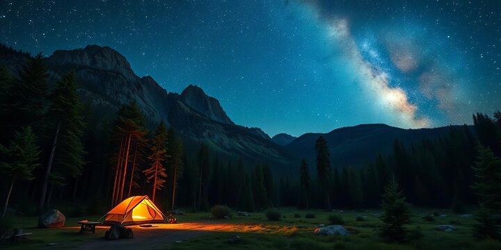 Vast forest valley campsite under starlit sky with Milky Way glow,  astrophotography,  deep woods