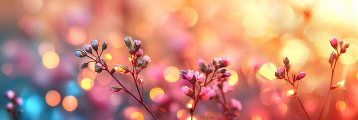 Fototapeta premium Colorful fairy lights with small flowers at night Generative AI