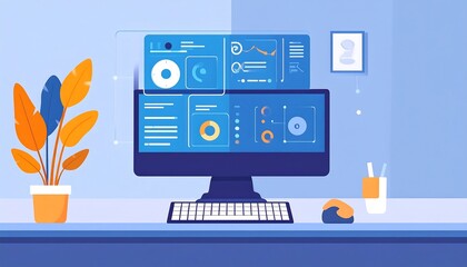 Desktop setup with a monitor displaying graphs, a plant, and stationary on a blue table against a blue wall