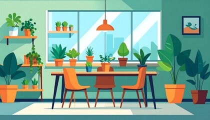 Obraz premium Cozy room table, chairs, plants, shelves, window, and sunlight create a harmonious indoor scene