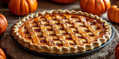 Homemade lattice pie sits on rustic table with pumpkins Generative AI