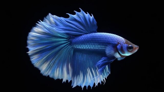 A vibrant blue betta fish with flowing fins gracefully swimming against a dark background.