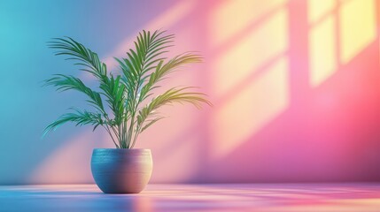 Obraz premium Lush Green Plant in Modern Pot with Soft Colorful Background and Beautiful Light Shadows for Interior Decor Inspiration