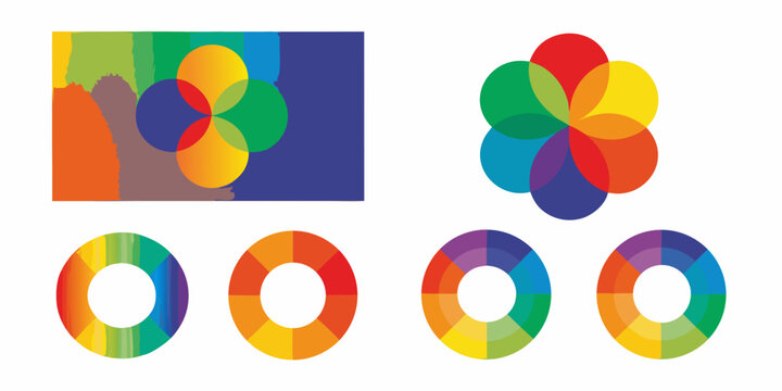 Overlapping circles of vibrant colors forming abstract compositions and patterns